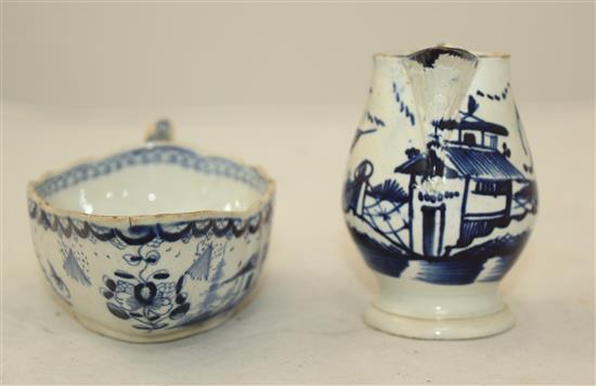 A Bow blue and white sauceboat, c.1753 and an English porcelain blue and white cream jug, late 18th century, height 8.7cm